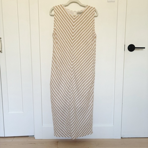 Everlane The Linen Bias Cut Dress Size 8 Striped Bone Caramel Ivory Beige Midi - Picture 5 of 9